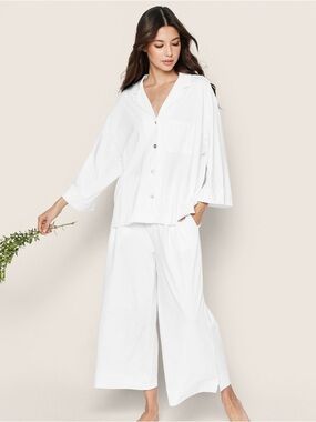 Petite Plume The Olivia Wide Leg Pima Pajama Set in White